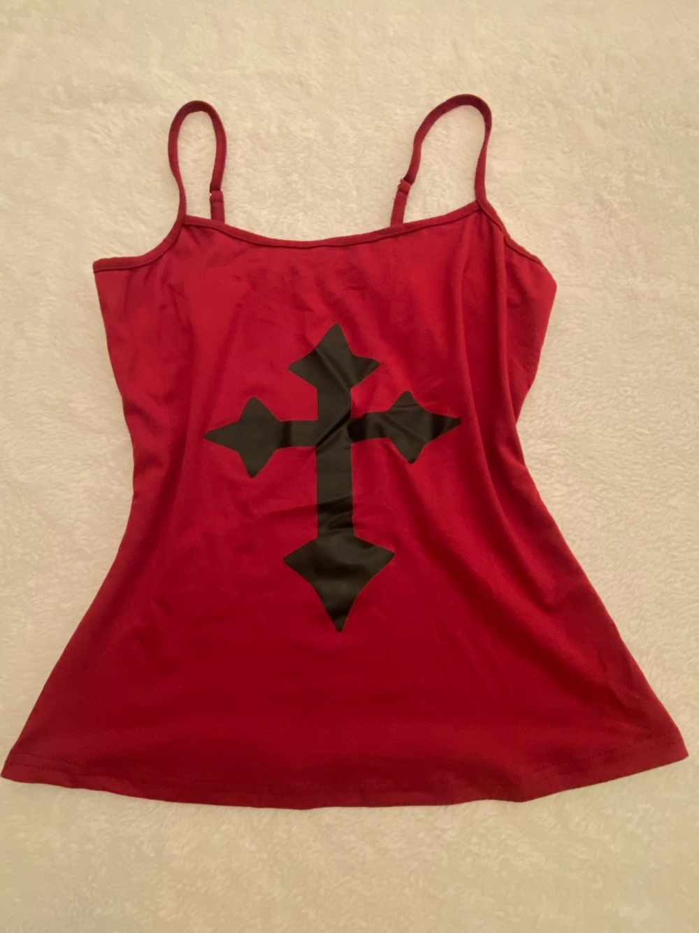 Red Spaghetti Strap Tank with Black Cross Graphic